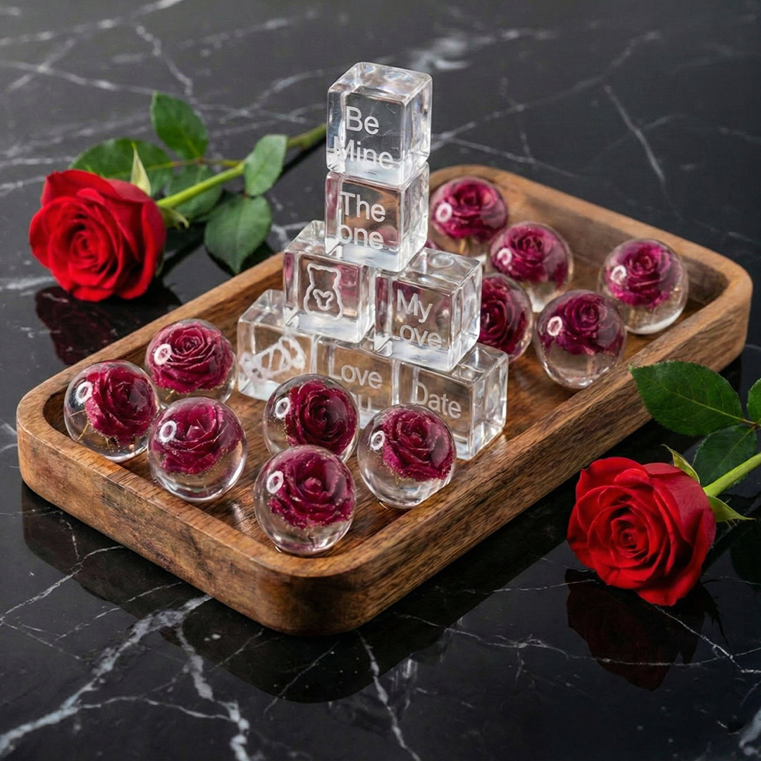 Details in Luxury Combo: 25 Rose-Infused Moon Balls and 25 Engraved Cubes