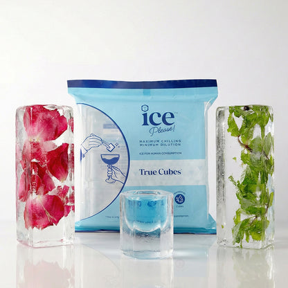 Perfect Serve Combo - 50 Infused Pillar Ice (25 Mint Infused + 25 Rose Petal Infused) + 5 True Cube  + 5 Clear Ice Shot Glasses