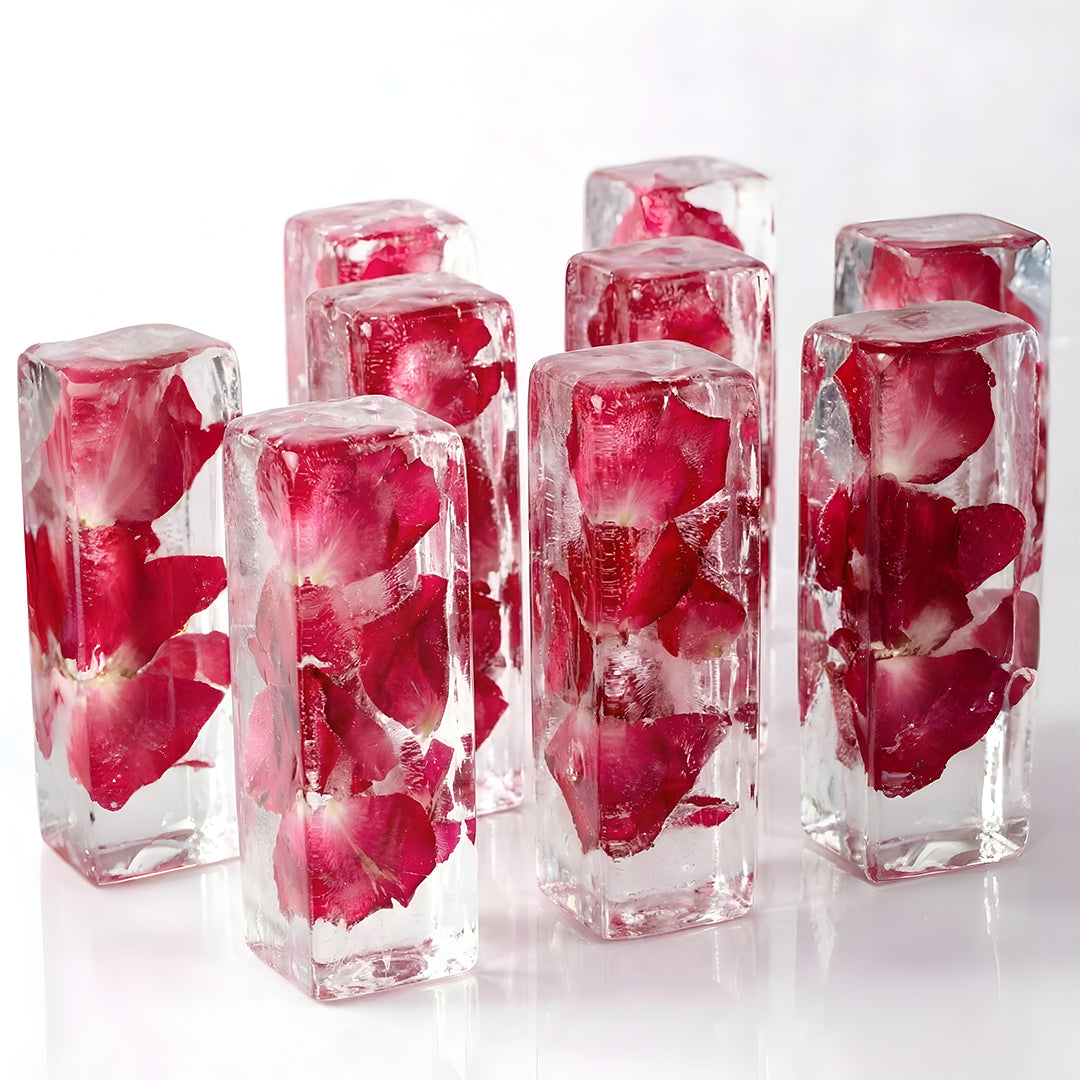 Perfect Serve Combo - 50 Infused Pillar Ice (25 Mint Infused + 25 Rose Petal Infused) + 5 True Cube  + 5 Clear Ice Shot Glasses